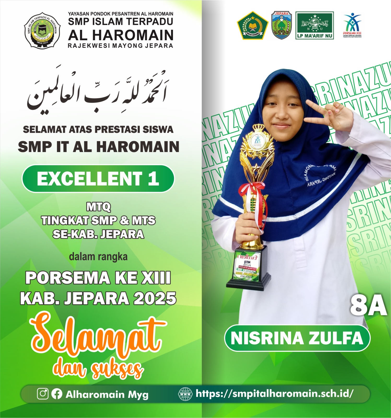 Selamat Nisrina Zulfa Excellent 1 MTQ PORSEMA Kab Jepara